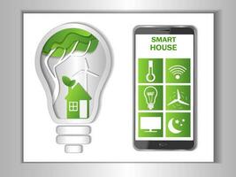 de concept van een slim milieuvriendelijk huis, een smartphone met een afgelegen controle sollicitatie. concept van groen huis, groen energie, eco huis, groen stad, recycling concept, schoon huis.