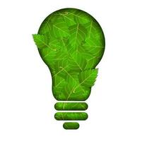 groen energie logo, gloeiend elektrisch licht lamp met groen bladeren, symbool van schoon energie, recycling en natuur behoud. vector illustratie.
