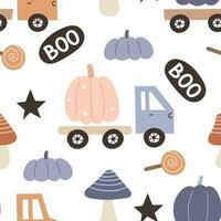 halloween naadloos patroon met tekenfilm pompoen, auto, paddestoelen, decoratie elementen. kleurrijk vector vlak stijl. vakantie thema. hand- tekening. ontwerp voor kleding stof, afdrukken, wikkel, textiel