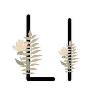 brief l van engels, Latijns alfabet hoofdletters, kleine letters versierd met bloemen, bloemen monogram vector illustratie in gemakkelijk boho stijl, vlak pastel gekleurde decoratief belettering