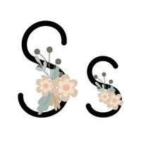 brief s van engels, Latijns alfabet hoofdletters, kleine letters versierd met bloemen, bloemen monogram vector illustratie in gemakkelijk boho stijl, vlak pastel gekleurde decoratief belettering