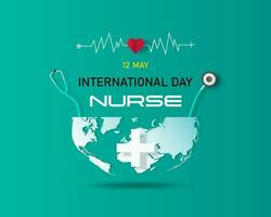 gelukkig Internationale verpleegsters dag symbool hoofdtelefoons en pulsen met wereld kaart achtergrond. vector