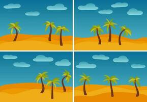 reeks van vier afbeeldingen met tekenfilm natuur landschappen met drie palmen in de woestijn. vector illustratie.