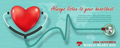 rood hart met stethoscoop in 3d stijl met formulering van wereld hart dag en voorbeeld teksten Aan wereld kaart en groen achtergrond. wereld hart dag poster campagne in banier en vector ontwerp.