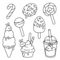 schattig kawaii snoepgoed. vector lijn kunst clip art reeks in kawaii stijl beeltenis snoepgoed, ijs room, lolly, donuts, milkshake, koekje. zwart lijn Aan een geïsoleerd besnoeiing uit achtergrond.