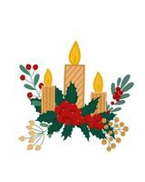 Kerstmis planten en kaarsen arrangement vector illustratie, winter vakantie kaart sjabloon, feestelijk periode viering sjabloon