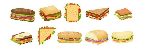 hamburger, broodje, heet hond en inpakken vector illustratie set. Hamburger of cheeseburger tussendoortje snel voedsel collecties.
