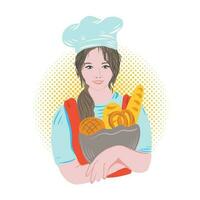 chef bakker meisje Holding gebakjes in haar handen.restaurant bedrijf concept.logo.vector illustratie. vector