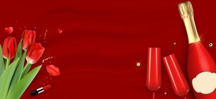 realistische 3D-champagnefles, glazen en tulpen op rode zijde. 8 maart gelukkige vrouwen dag concept kaart achtergrond. vector