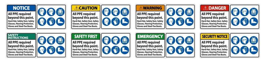 ppe vereist na dit punt. helm, veiligheidsvest, veiligheidsbril, gehoorbescherming vector