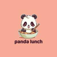 schattig aanbiddelijk tekenfilm panda in een kom met voedsel eetstokjes. panda aan het eten in een kom mascotte logo vector illustratie