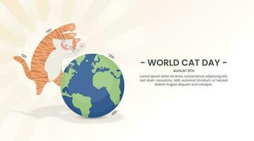 wereld kat dag achtergrond met een kat jumping en spelen met een aarde bal vector