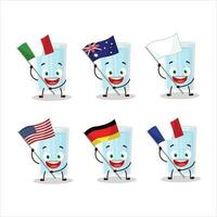 glas van water tekenfilm karakter brengen de vlaggen van divers landen vector