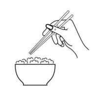 kom van rijst- en hand- Holding eetstokjes vlak ontwerp stijl Aan wit achtergrond. vector illustratie eps 10.