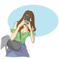 vrouw nemen foto met smartphone illustratie vector hand- getrokken geïsoleerd Aan wit achtergrond