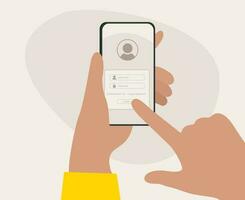 handen houden smartphone en log in naar de account. toepassing of website gebruiker. informatie zoeken, sociaal netwerken. vector