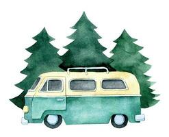 waterverf tekening Aan de thema van weg reis, camping, reizen. schattig auto Aan de achtergrond van groen Spar bomen. clip art vector