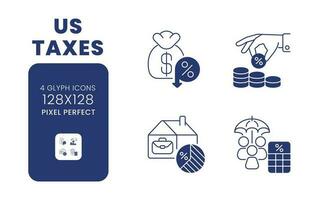 ons belastingen zwart solide bureaublad pictogrammen pak. inhoudingen en vrijstellingen. inkomen belastingheffing. pixel perfect 128x128, schets 2px. symbolen Aan wit ruimte. glyph pictogrammen. geïsoleerd vector afbeeldingen
