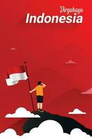 Indonesië onafhankelijkheid dag post sjabloon - illustratie van een Mens draag- een vlag Aan de top van een berg. vector