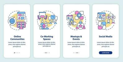 digitaal nomade gemeenschap onboarding mobiel app scherm. werk en reizen walkthrough 4 stappen bewerkbare grafisch instructies met lineair concepten. ui, ux, gui sjabloon vector