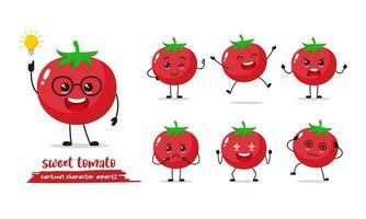 schattig tomaat tekenfilm met veel uitdrukkingen. groente verschillend werkzaamheid vector illustratie vlak ontwerp.