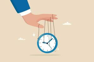 controle tijd, vrijheid of doeltreffend tijd beheer naar af hebben project binnen deadline, produktiviteit of efficiëntie, productief project manager concept, zakenman hand- controle tijd met klok marionet. vector
