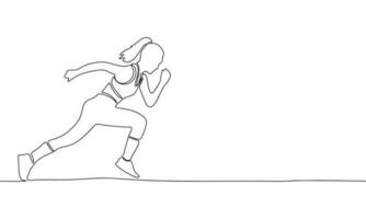een doorlopend lijn tekening van jong vrouw atleet loper rennen van kant visie. individu sport, competitief concept. single lijn trek ontwerp vector illustratie