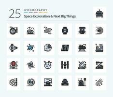 ruimte exploratie en De volgende groot dingen 25 lijn gevulde icoon pak inclusief peul. onderdeel. oppervlak. capsule. ruimte vector