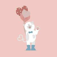 schattig en lief kat en hart ballonnen, gelukkig valentijnsdag dag, verjaardag, liefde concept, vlak vector illustratie tekenfilm karakter ontwerp geïsoleerd