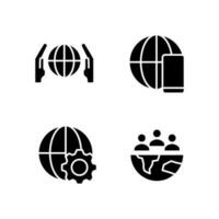 globalisering werkwijze zwart glyph pictogrammen reeks Aan wit ruimte. wereldwijd netwerk. Internationale verbinding. telecommunicatie. silhouet symbolen. solide pictogram pak. vector geïsoleerd illustratie