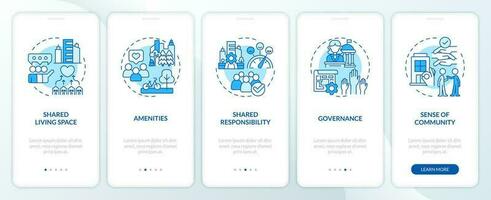 behuizing gemeenschappen voordelen blauw onboarding mobiel app scherm. walkthrough 5 stappen bewerkbare grafisch instructies met lineair concepten. ui, ux, gui sjabloon vector