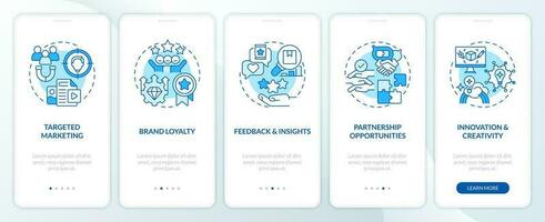 micro gemeenschap voordelen voor bedrijf blauw onboarding mobiel app scherm. walkthrough 5 stappen bewerkbare grafisch instructies met lineair concepten. ui, ux sjabloon vector