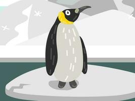 illustratie van een tekenfilm pinguïn Aan een ijs ijsschots. de noorden pool met een schattig pinguïn. de pinguïn is Bij zijn gebruikelijk plaats van residentie. kinderen illustratie, het drukken voor kinderen boeken vector