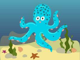 illustratie van een tekenfilm Octopus onder water. onderwater- wereld met een grappig Octopus. een Octopus in haar gebruikelijk leefgebied. kinderen illustratie, het drukken voor kinderen boeken vector