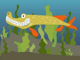 illustratie van een tekenfilm toothy snoek vis onder water. onderwater- wereld met een grappig snoek. vis in hun gebruikelijk leefgebied. kinderen illustratie, het drukken voor kinderen boeken vector