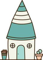 vector wit huis met blauw dak icoon. vector klein schattig tekenfilm huis met cactus icoon.