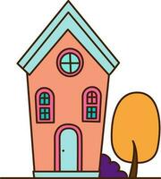 vector tekenfilm roze huis met blauw dak icoon. vector huis met geel boom in de omgeving van, herfst icoon.