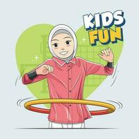 kinderen plezier. een weinig meisje in hijab is gelukkig spelen hula hoepel vector illustratie vrij downloaden