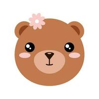 weinig baby beer meisje. karakter van baby dier gezicht met roze bloem Aan hoofd. vector illustratie van beer welp. afdrukken voor kinderen.