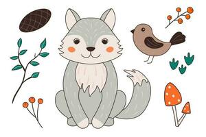 vector illustratie met schattig wolf, vogel, paddestoelen, ijshoorntje, takje in tekenfilm stijl. Woud dieren en planten.