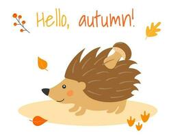 vector illustratie met schattig egel en paddestoel in tekenfilm stijl. Woud dieren en planten. Hallo, herfst.