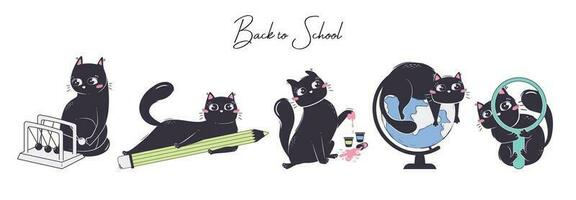 verzameling van katten met school- items in vlak stijl. de concept van dieren terugkeren naar school. vector