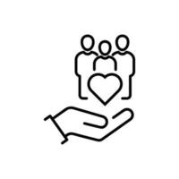 hand- met hart gemeenschap, icoon, concept empathie of liefdadigheid, solidariteit liefde, zorg mensen, vrijwilliger steun, dun lijn symbool Aan wit achtergrond - bewerkbare beroerte vector illustratie eps10