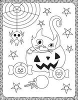 halloween kleur pagina's, halloween kat kleur Pagina's voor kinderen, halloween illustratie, halloween vector, zwart en wit, kat illustratie vector