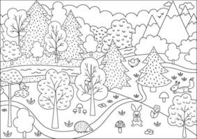 vector zwart en wit wild Woud tafereel met bomen, bergen, dieren, vogels. voorjaar of zomer lijn bos- landschap met bloemen, planten, champignons. wild natuur landschap of kleur bladzijde