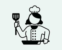 vrouw chef icoon. dame vrouw meisje koken keuken tekenfilm karakter restaurant. zwart wit teken symbool illustratie artwork grafisch clip art eps vector