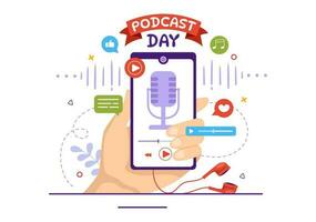 Internationale podcast dag vector illustratie Aan september 30 met omroep studio gereedschap naar evenement livestream in tekenfilm hand- getrokken Sjablonen