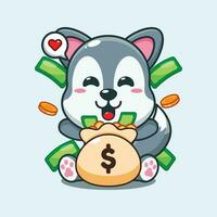 schattig wolf met geld zak tekenfilm vector illustratie.