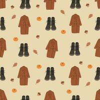 naadloos patroon met herfst kleren. jas, laarzen, pompoen en eikel. schattig vallen vector illustratie