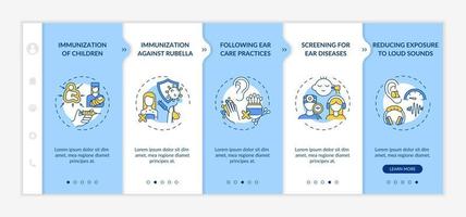 gehoorverlies preventieve maatregelen onboarding vector sjabloon. responsieve mobiele website met pictogrammen. webpagina walkthrough 5 stappen schermen. kleurconcept voor kinderimmunisatie met lineaire illustraties